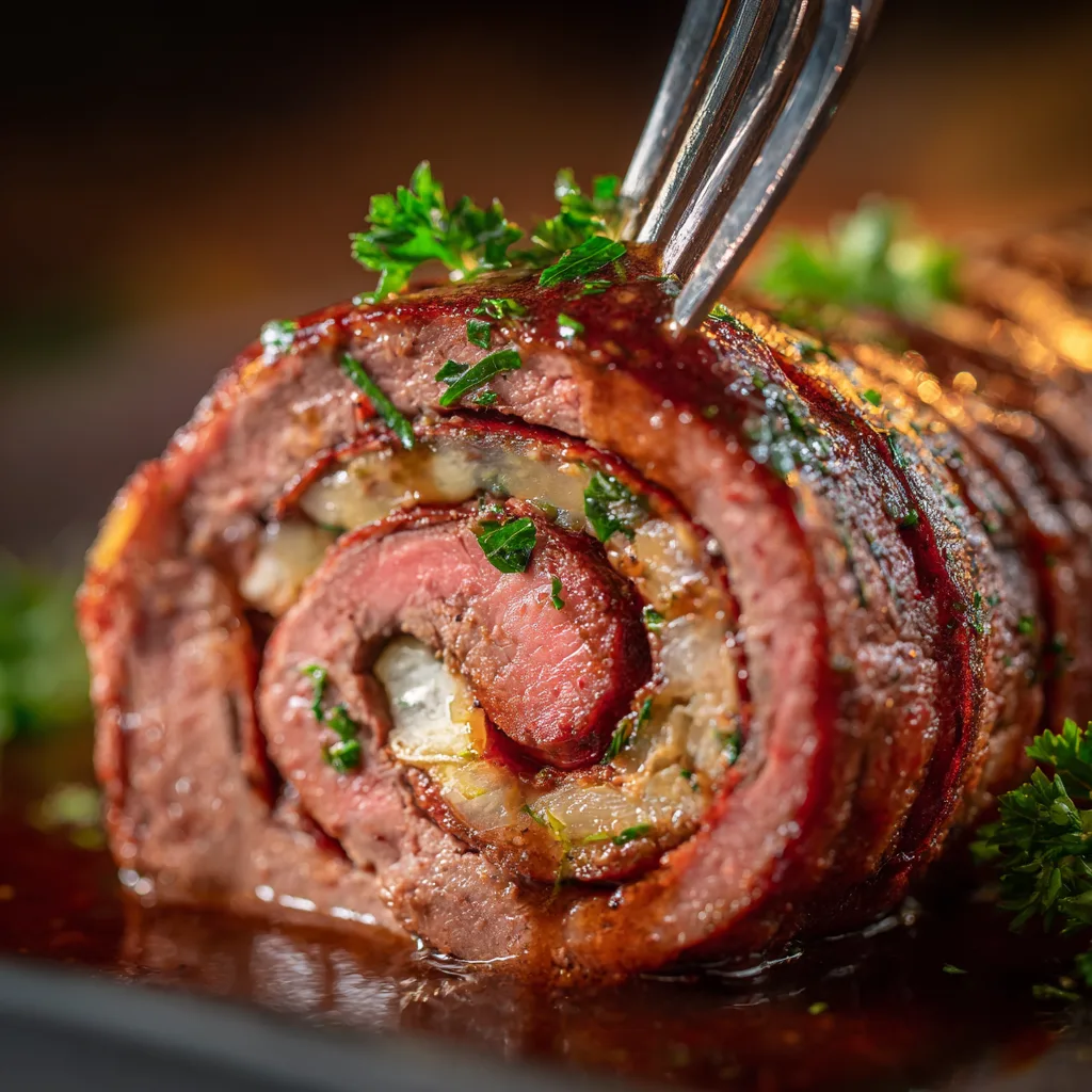 Rinderrouladen Querschnitt mit Füllung aus Speck Gurke und Zwiebeln