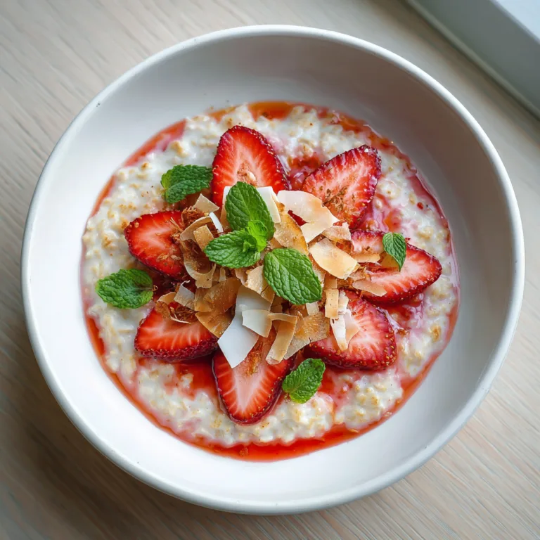 Schnelles Erdbeer-Kokos-Porridge Draufsicht mit frischen Erdbeeren und Kokosraspeln