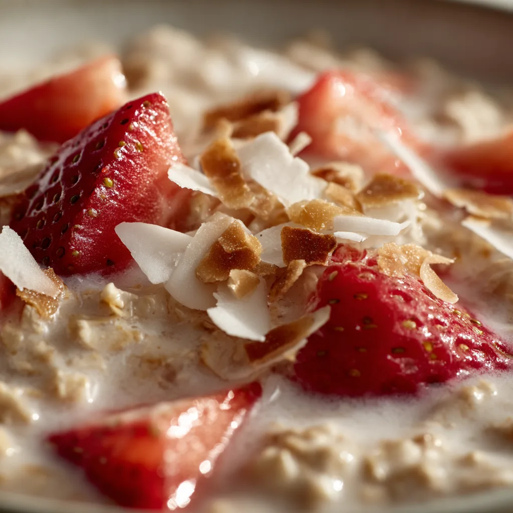 Nahaufnahme schnelles Erdbeer-Kokos-Porridge cremige Textur mit Haferflocken