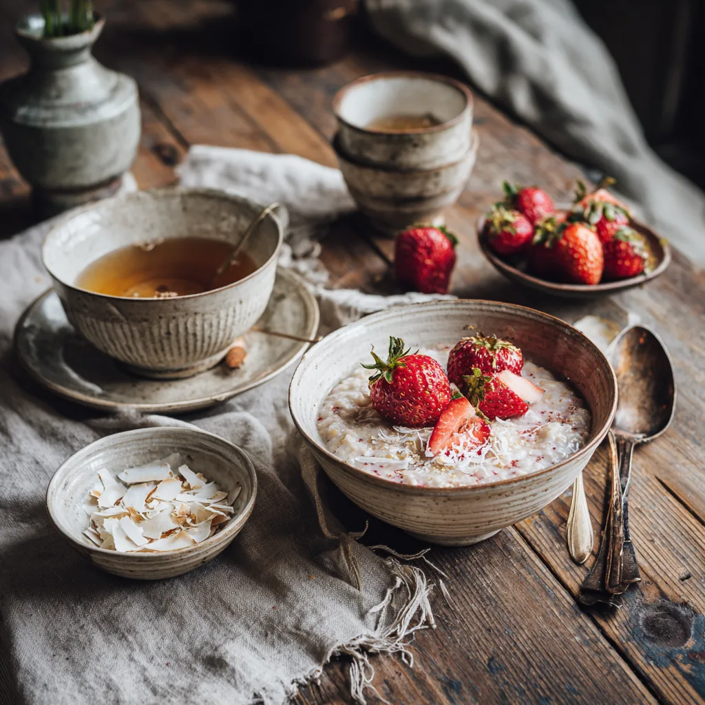 Schnelles Erdbeer-Kokos-Porridge serviert auf Frühstückstisch mit Tee