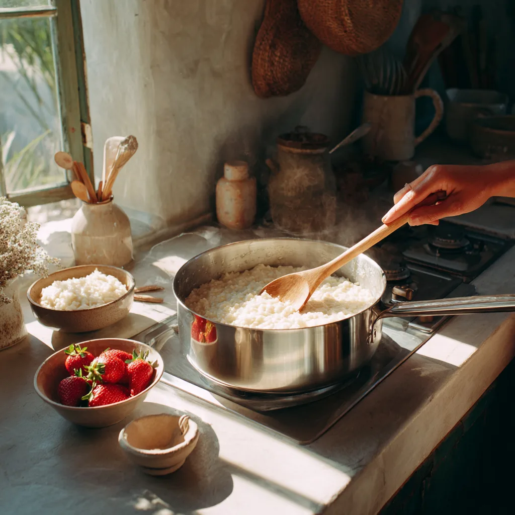 Zubereitung schnelles Erdbeer-Kokos-Porridge kochen im Topf mit Holzlöffel