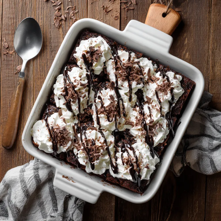 Schokoladen Poke Cake Draufsicht mit Kondensmilch und Schlagsahne