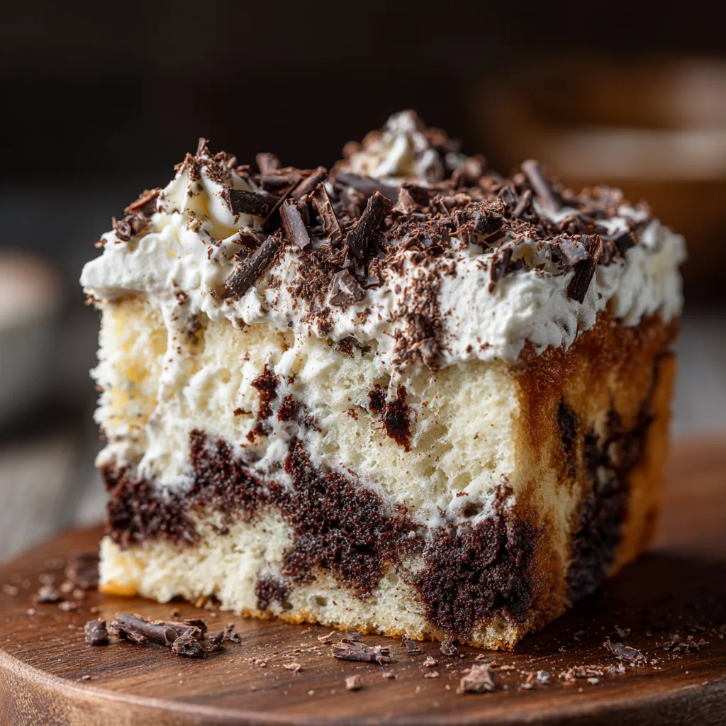 Nahaufnahme eines Schokoladen Poke Cake Schnitts mit sichtbarer Füllung
