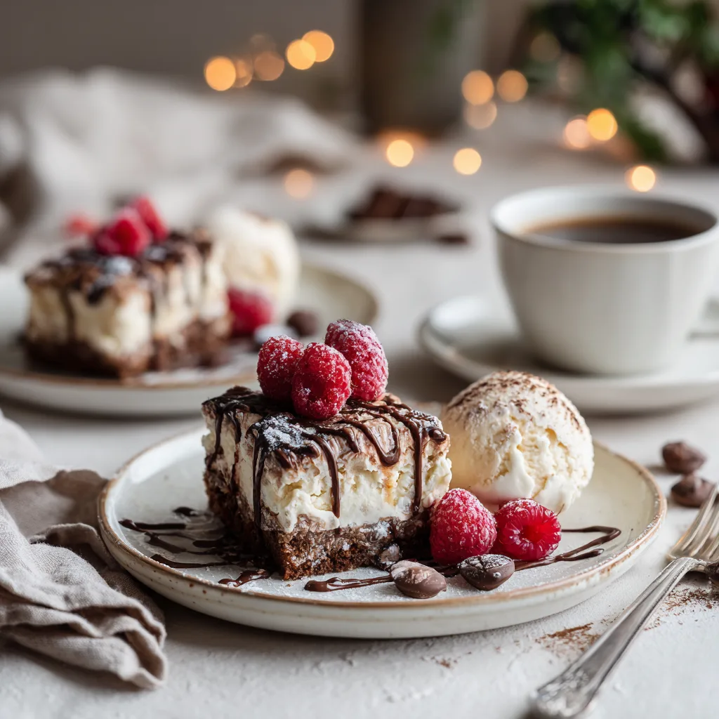 Schokoladen Poke Cake serviert auf einem Teller mit Vanilleeis und Beeren