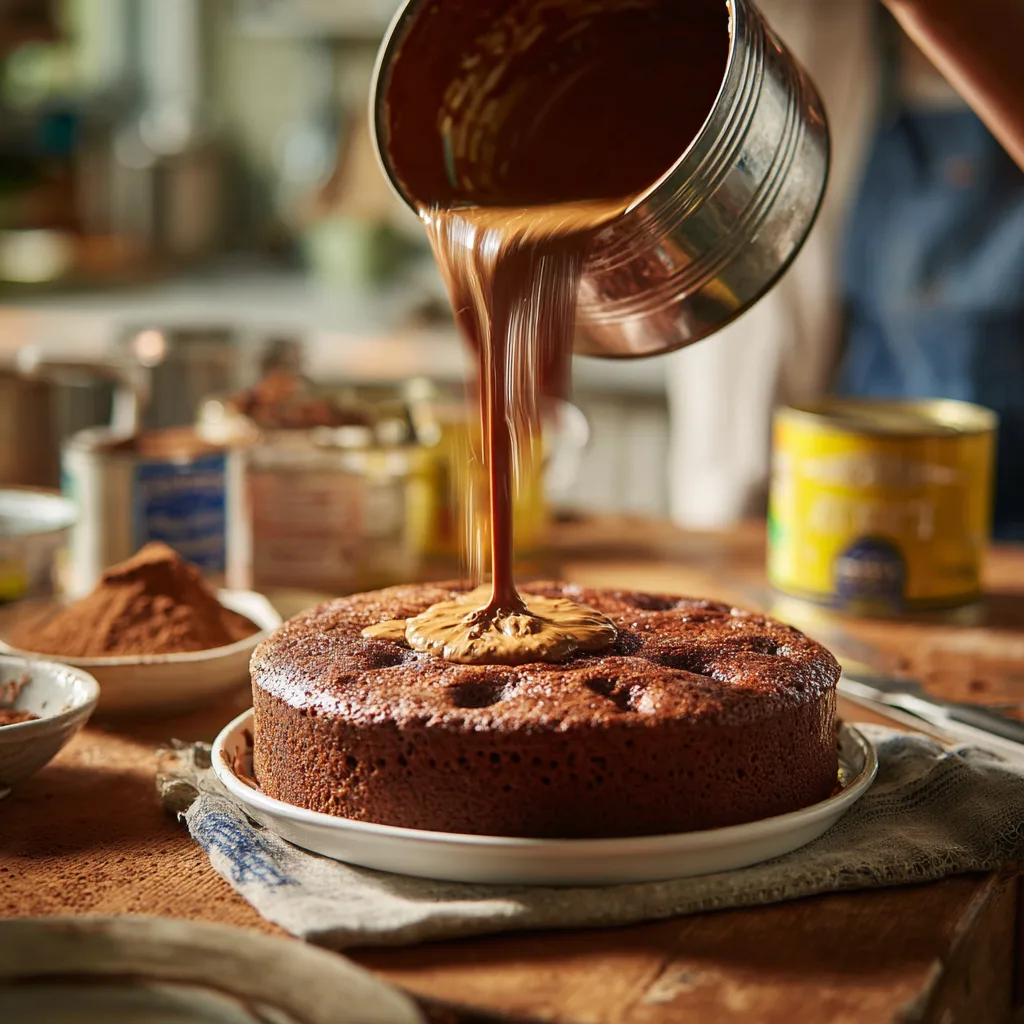 Schokoladen Poke Cake Zubereitung – Kondensmilch in Löcher gießen