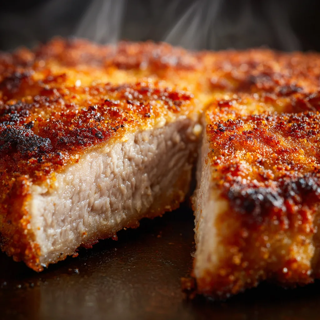 Schweineschnitzel Nahaufnahme zeigt knusprige Panade und saftiges Fleisch innen