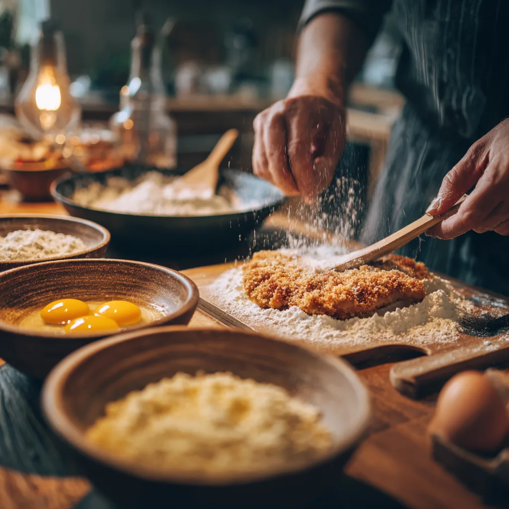 Schweineschnitzel panieren Schritt für Schritt mit Mehl Ei und Semmelbröseln