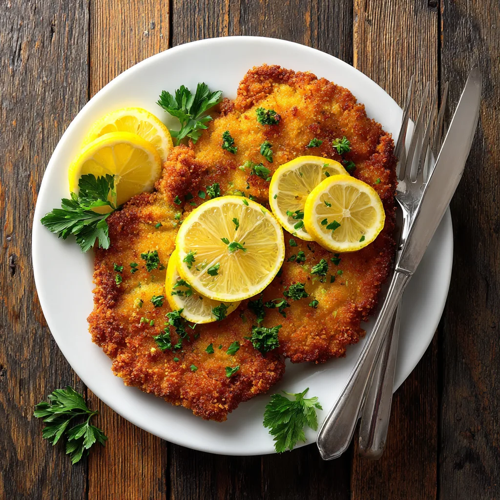 Schweineschnitzel goldbraun paniert mit Zitrone auf weißem Teller