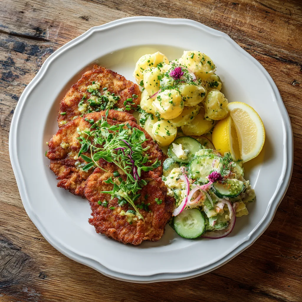 Schweineschnitzel serviert mit Kartoffelsalat und Beilagen auf rustikalem Tisch