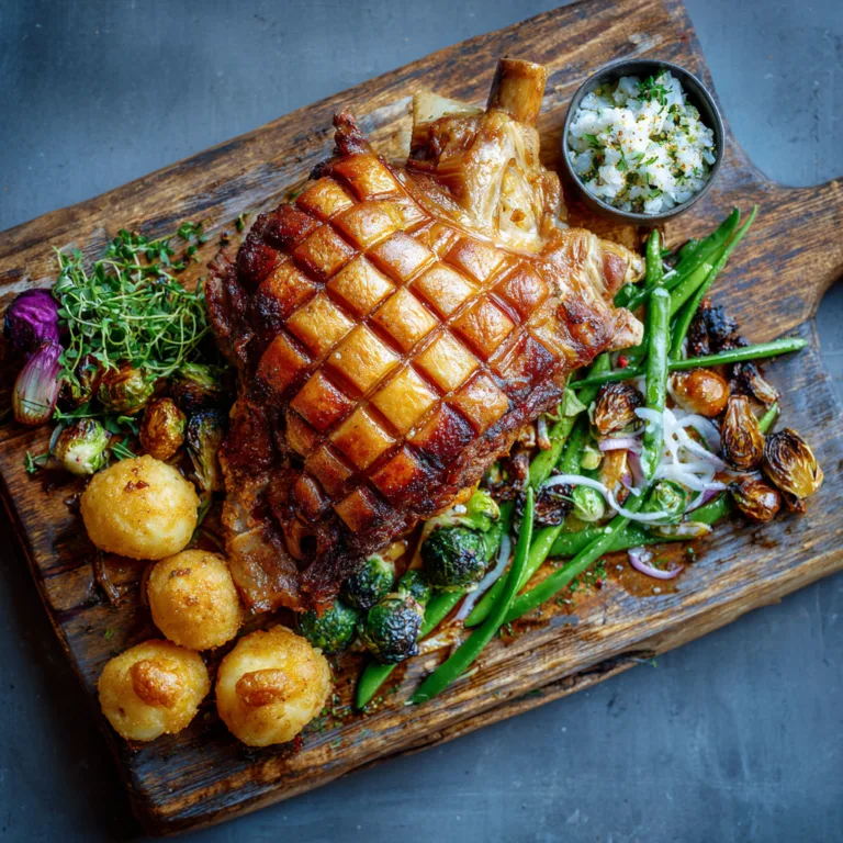 Knusprige Schweinshaxe von oben auf rustikalem Holzbrett mit Sauerkraut und Kartoffelknödeln serviert