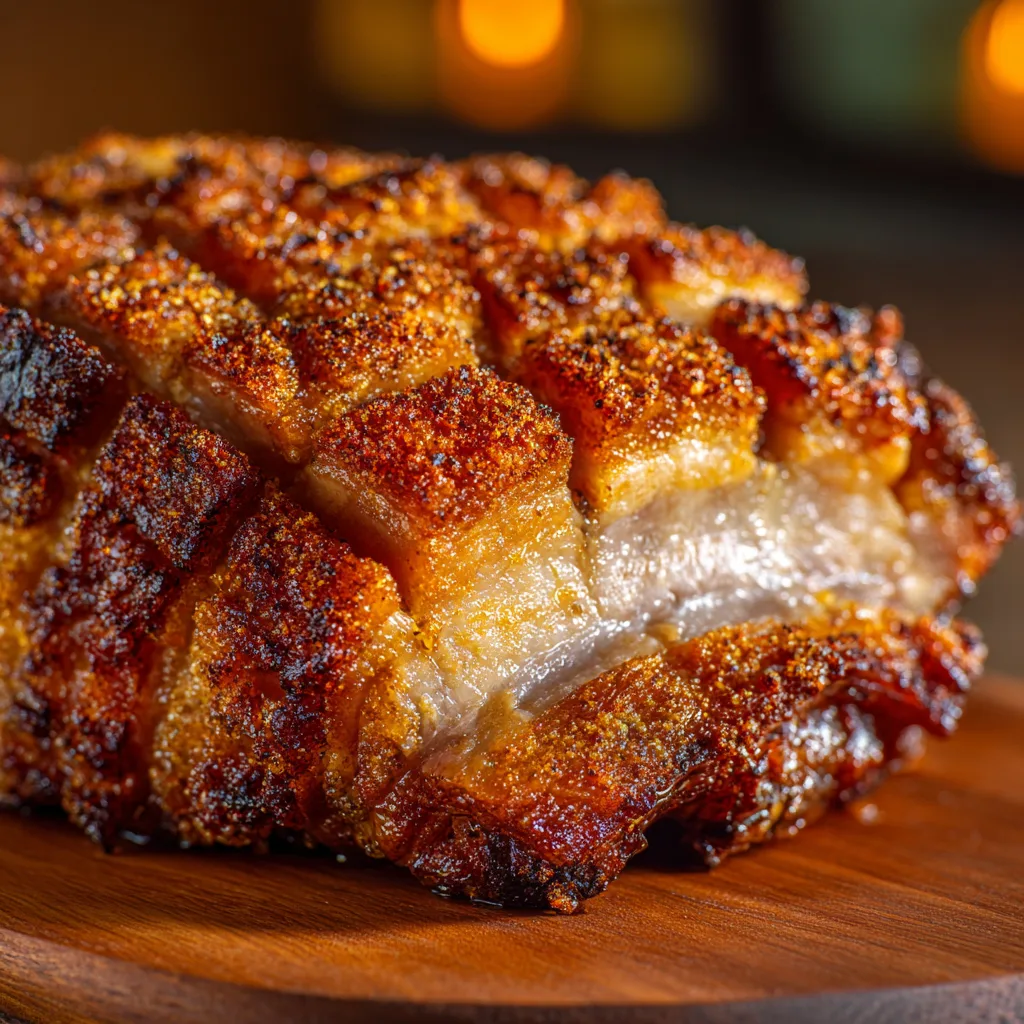 Nahaufnahme knusprige Schweinshaxe Kruste mit rautenförmigen Einschnitten