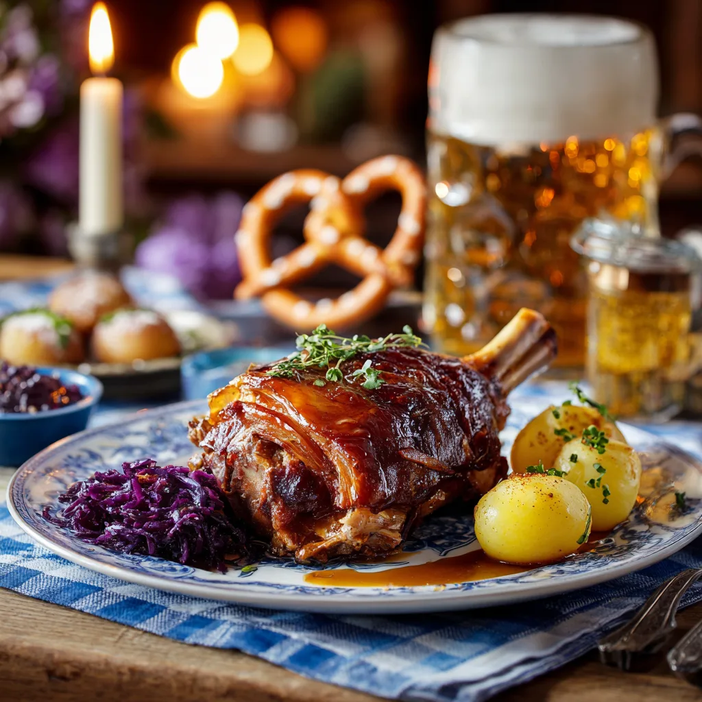 Servierte Schweinshaxe auf gedecktem Tisch mit bayerischen Beilagen und Bier