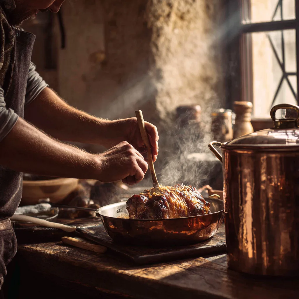 Schweinshaxe wird während der Zubereitung mit Bierglasur bestrichen