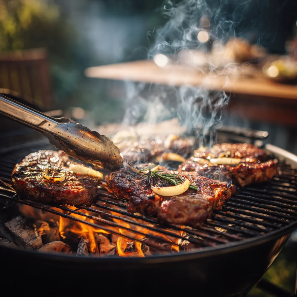 Schwenkbraten wird auf Schwenkgrill über Holzkohle gegrillt