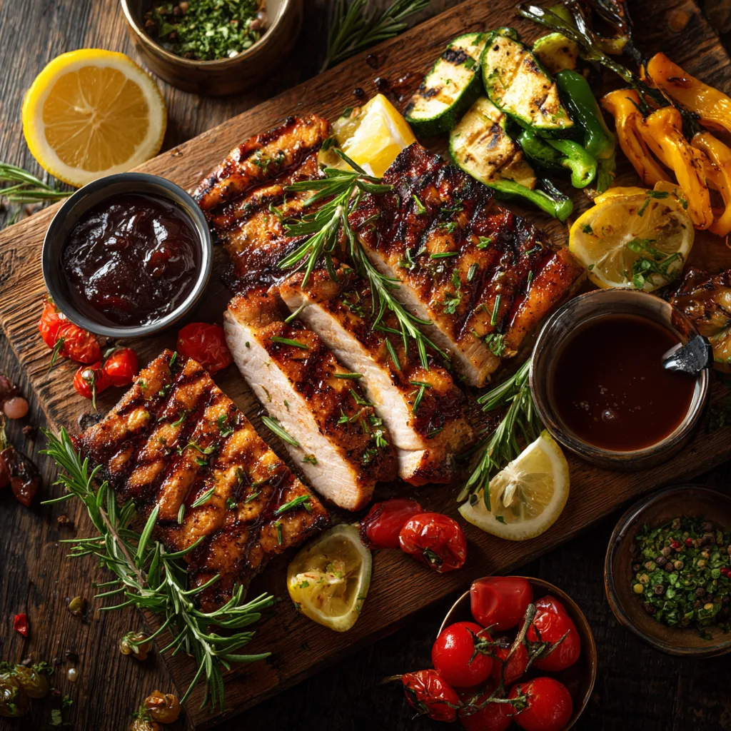 Schwenkbraten Rezept – saftig gegrillte Schweinefleisch-Scheiben auf Holzbrett von oben