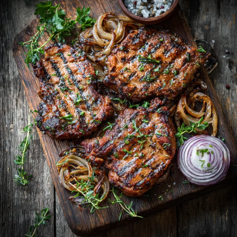 Schwenkbraten Rezept Original mit saftigen Schweinenacken Steaks auf Holzbrett