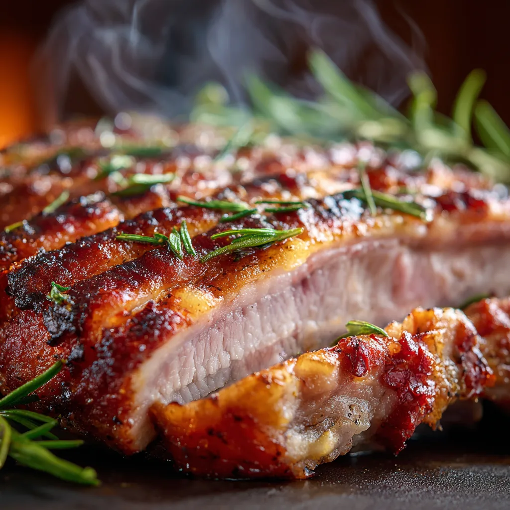 Nahaufnahme saftiger Schwenkbraten mit perfekter Kruste und rosa Mitte