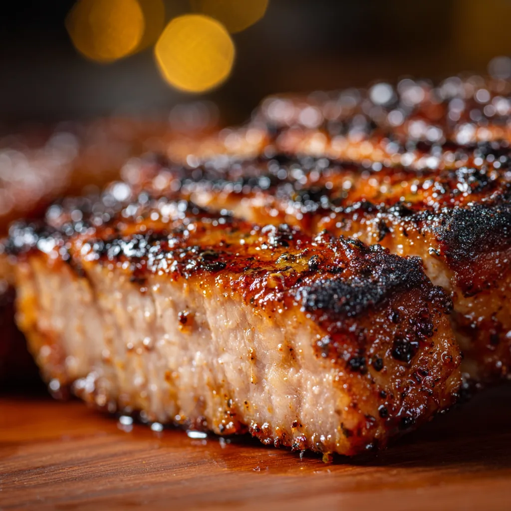 Nahaufnahme von saftigem Schwenkbraten mit knuspriger Marinadenkruste vom Grill