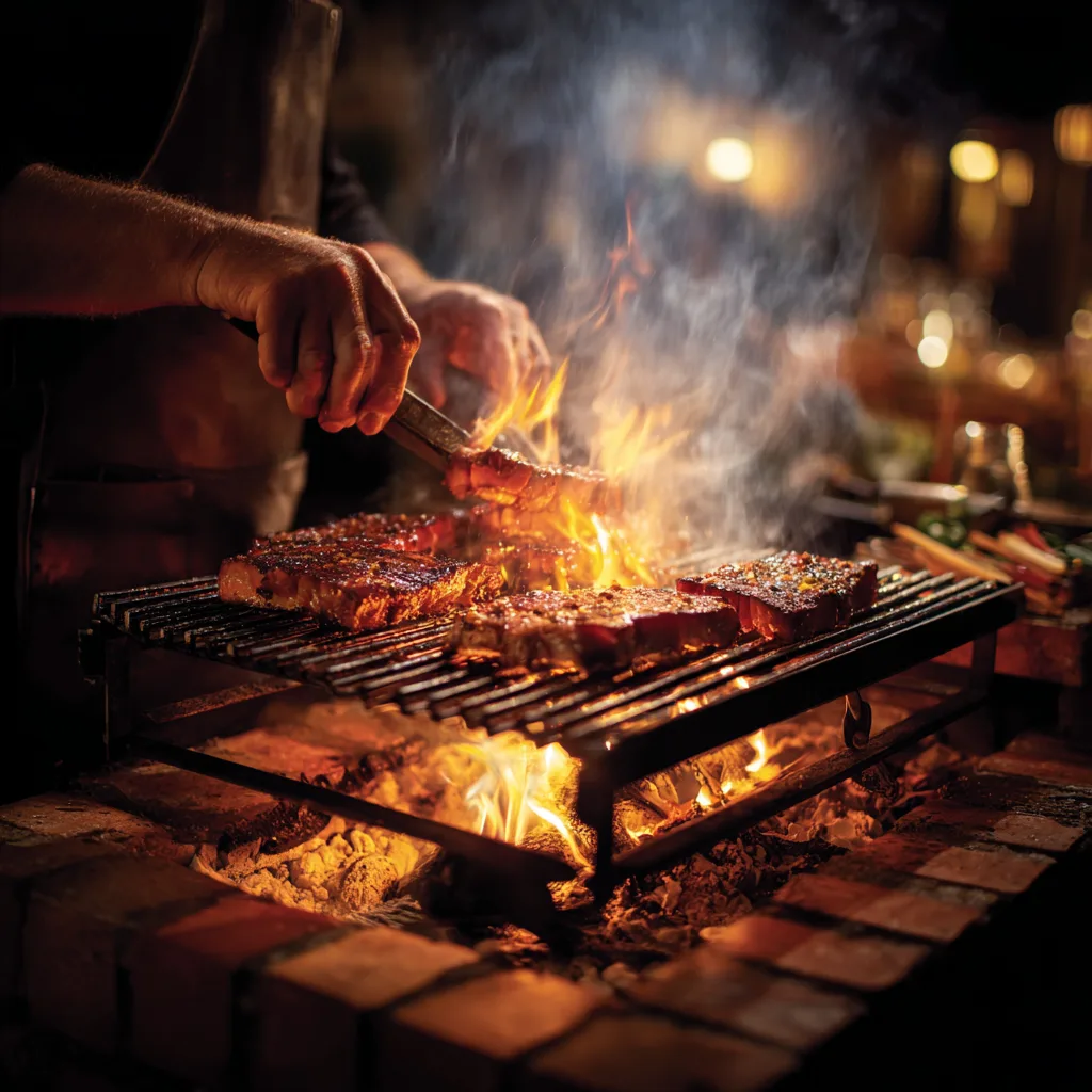 Schwenkbraten Zubereitung auf dem Schwenkgrill mit Feuer und Rauch