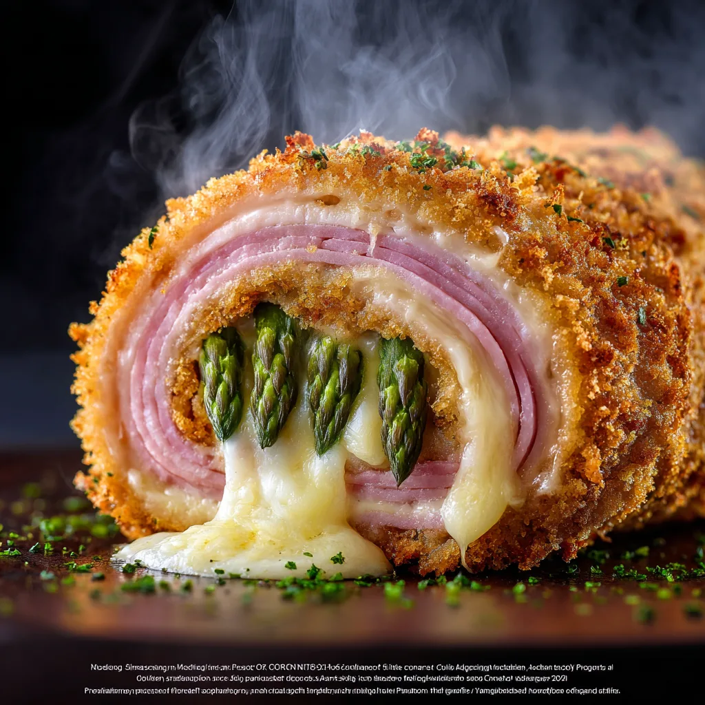 Aufgeschnittenes Spargel Cordon Bleu mit geschmolzenem Käse, Schinken und Spargel
