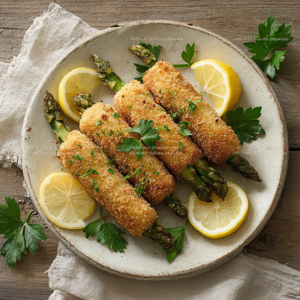 Spargel Cordon Bleu auf einem weißen Teller von oben mit Petersilie und Zitrone