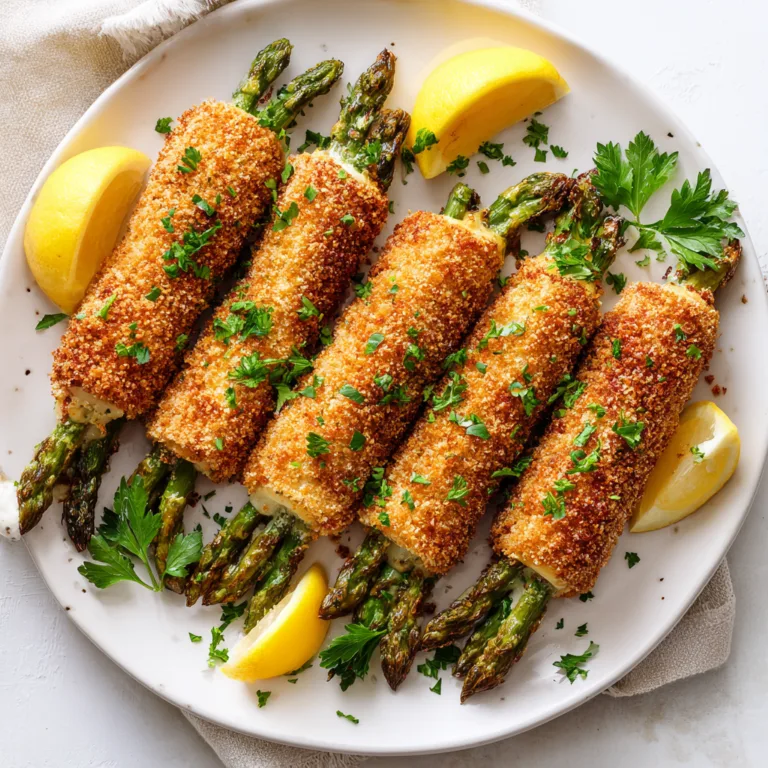 Spargel Cordon Bleu knusprig goldbraun auf Teller serviert mit Petersilie und Zitrone