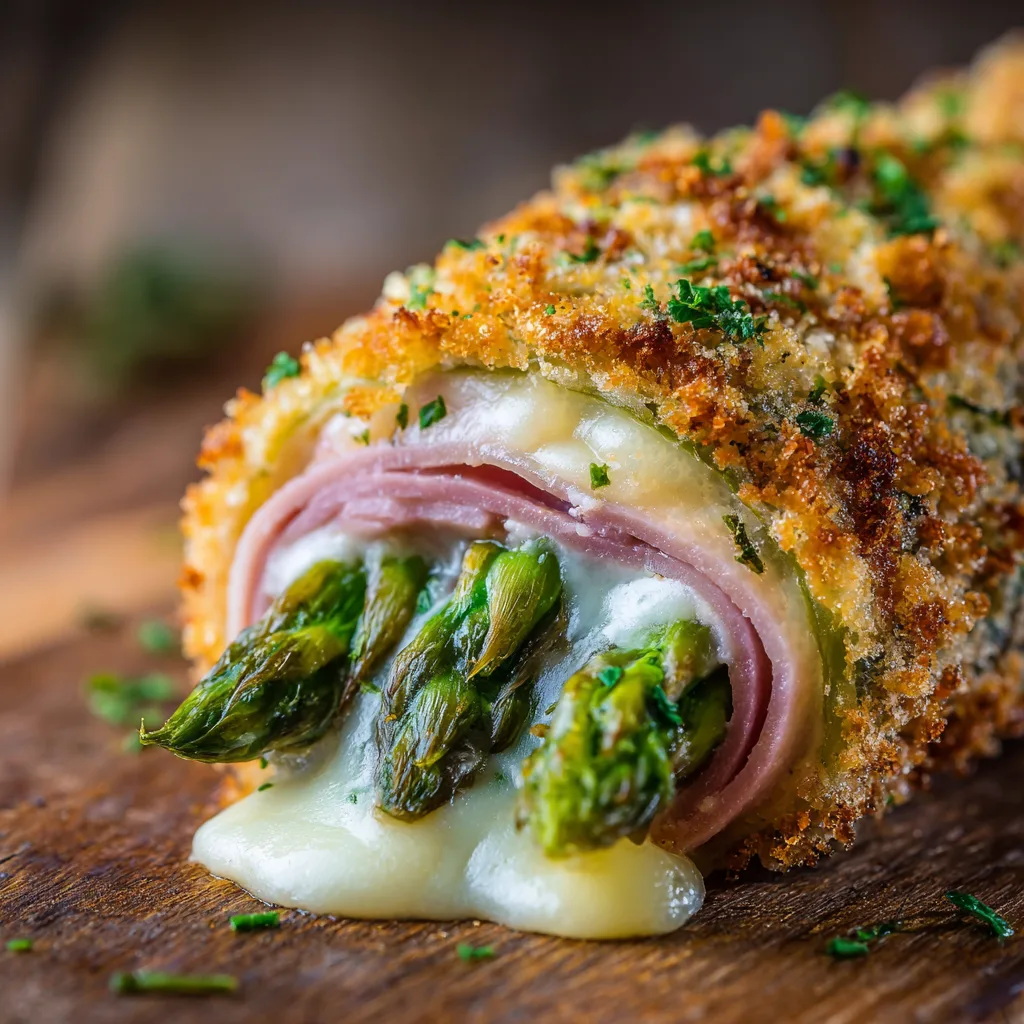 Spargel Cordon Bleu Zubereitung zeigt Wickeln von Spargel mit Schinken und Käse