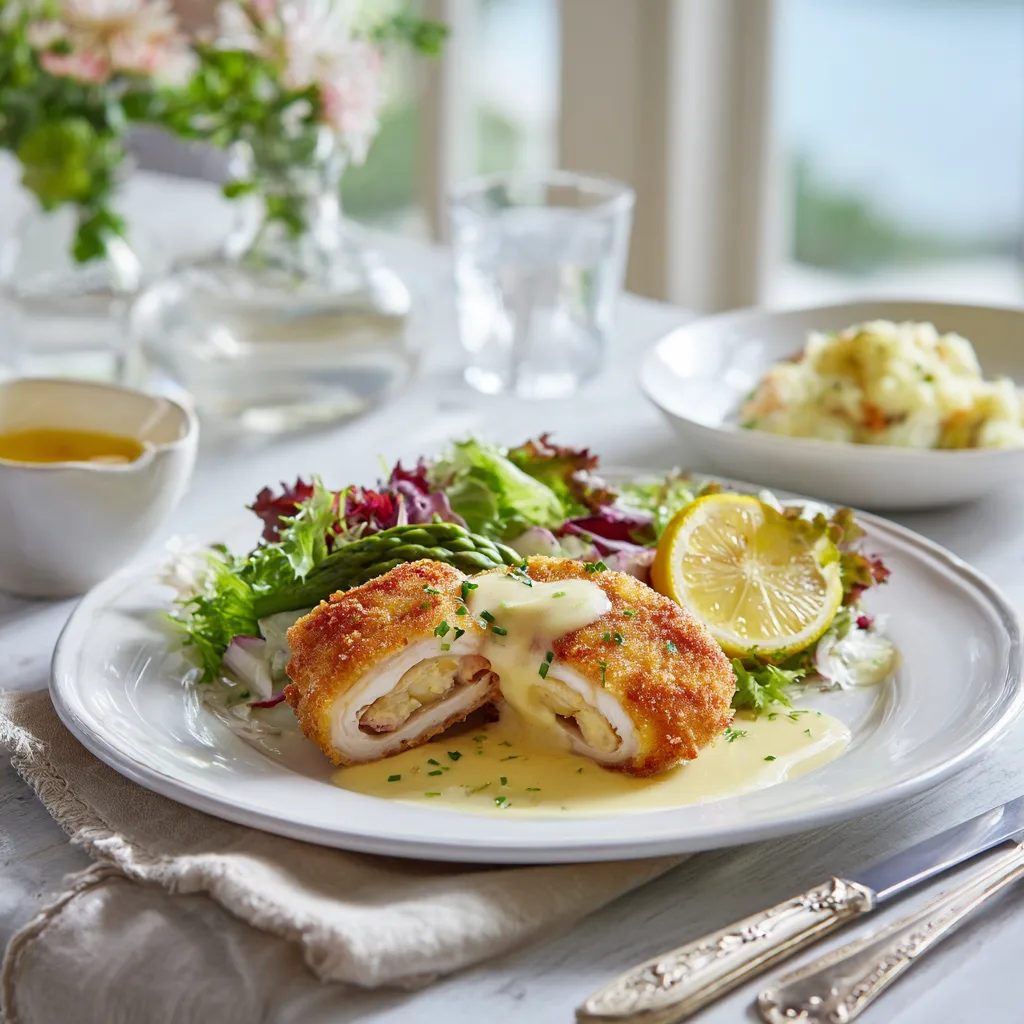 pargel Cordon Bleu serviert auf Teller mit Beilagen Salat und Sauce