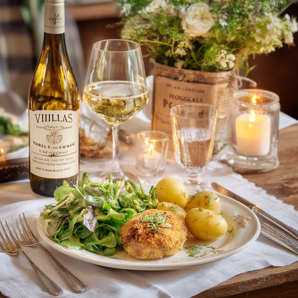 Spargel Cordon Bleu serviert auf gedecktem Tisch mit Kartoffeln und Weißwein