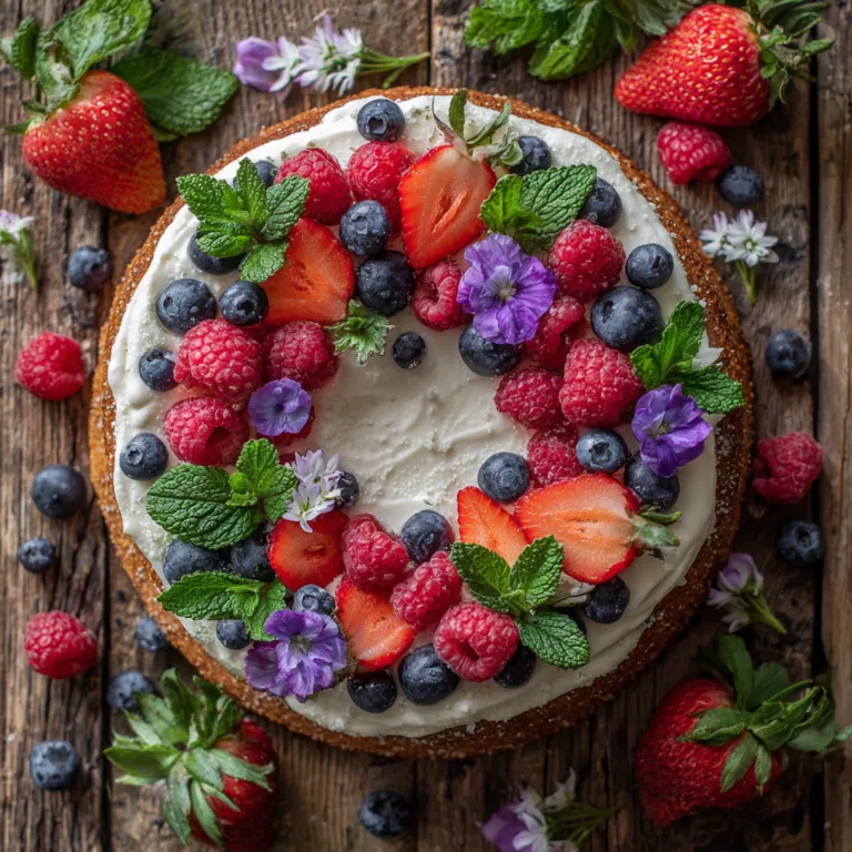 Osterkuchen mit Frühlingsfrüchten in Draufsicht mit frischen Beeren und Blüten dekoriert