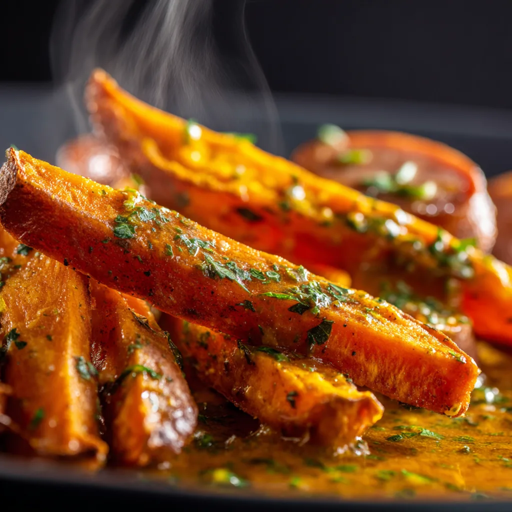 Nahaufnahme knuspriger Süßkartoffel-Pommes mit Gewürzen und Currysoße