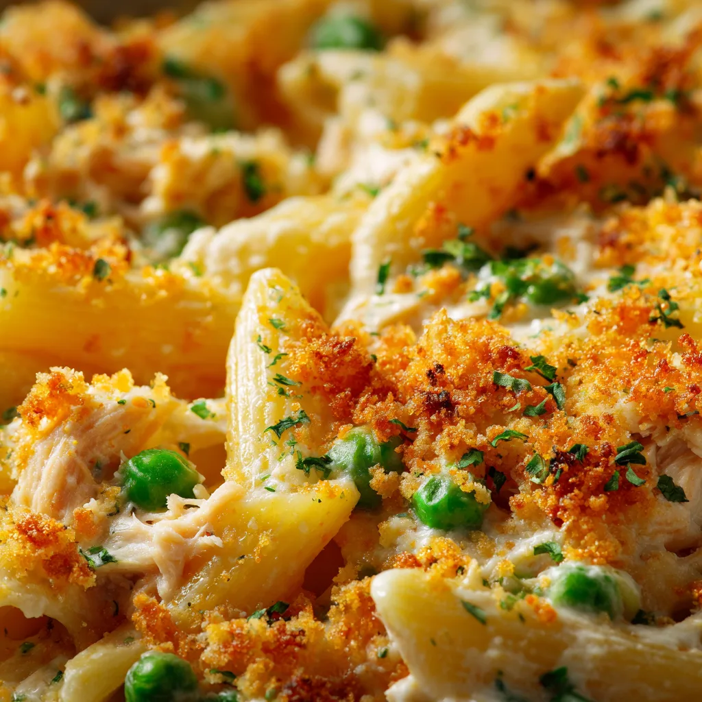 Nahaufnahme cremiger Thunfisch Pasta Auflauf mit Penne, Käse und Thunfischstücken