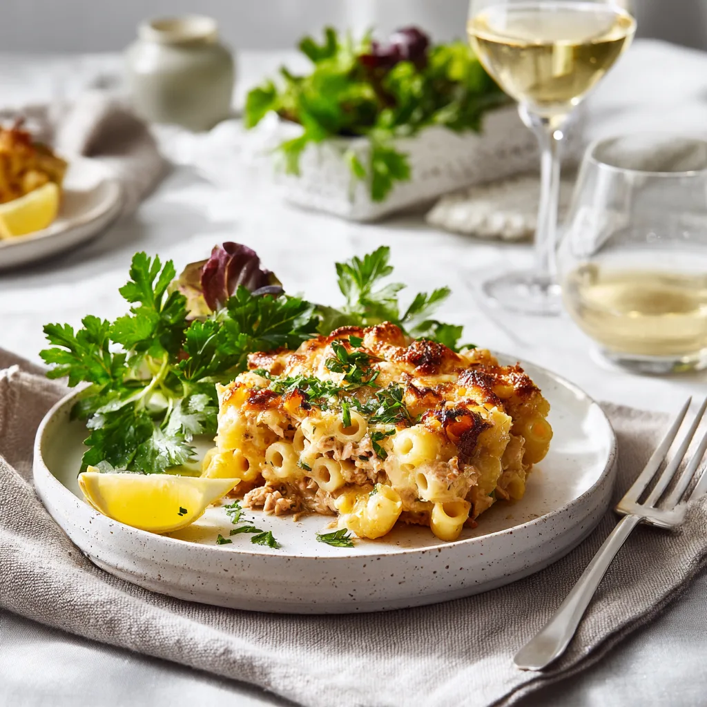 Servierte Portion Thunfisch Pasta Auflauf auf weißem Teller mit Salat und Zitrone