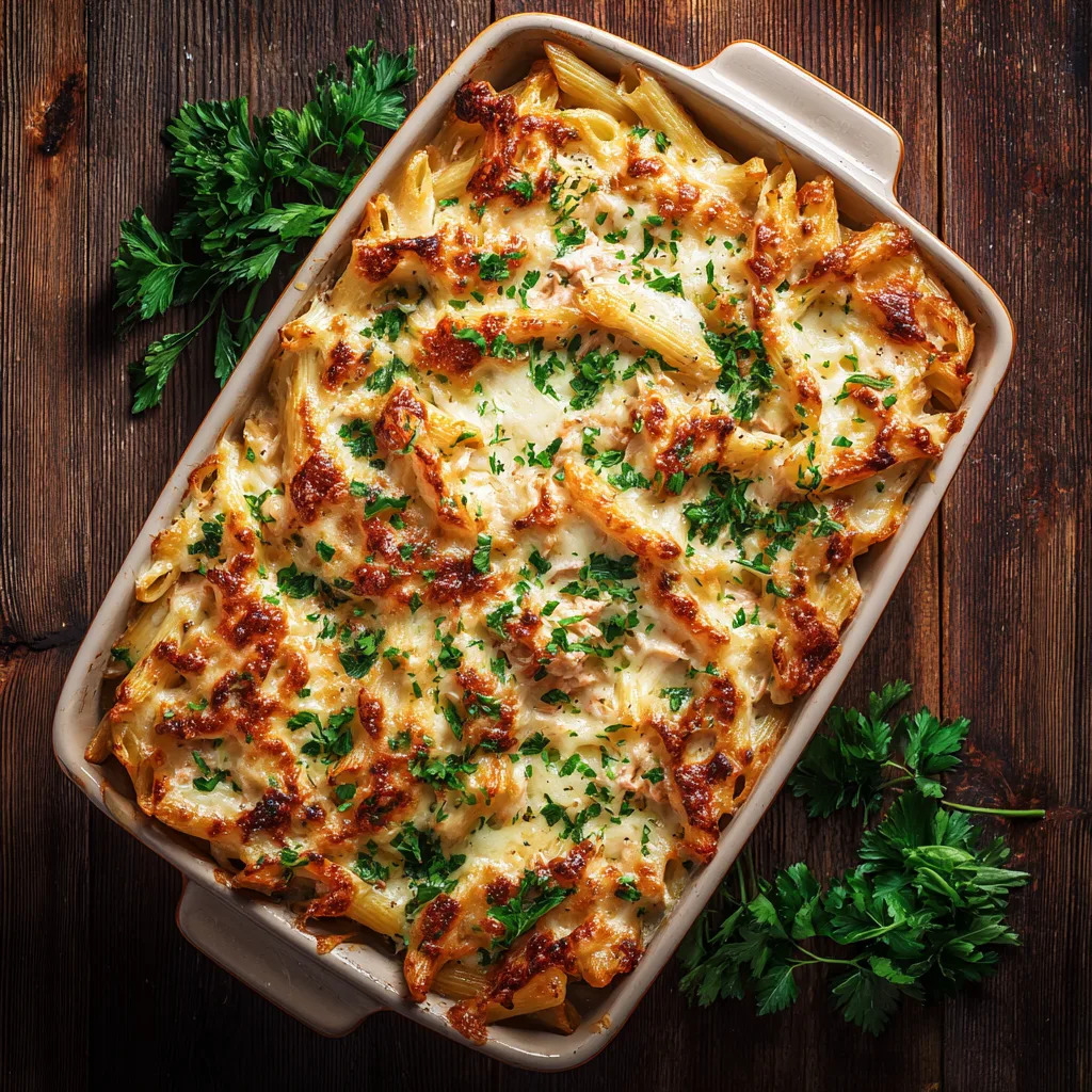 Thunfisch Pasta Auflauf mit goldbrauner Käsekruste in Auflaufform von oben fotografiert