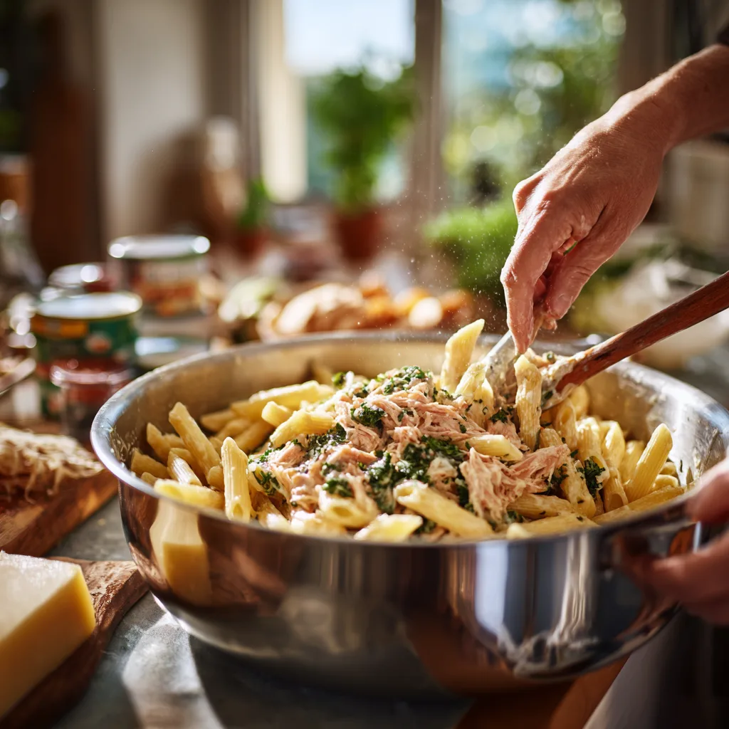 Zubereitung Thunfisch Pasta Auflauf - Nudeln mit Sauce mischen in der Küche