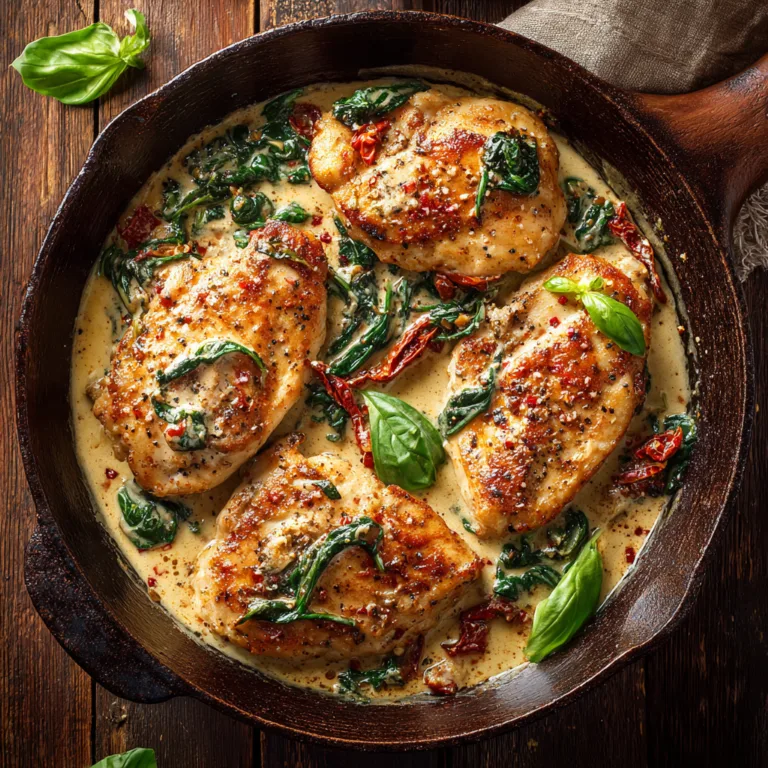 Cremige Toskana Hähnchen in einer Pfanne mit getrockneten Tomaten und Spinat – Draufsicht