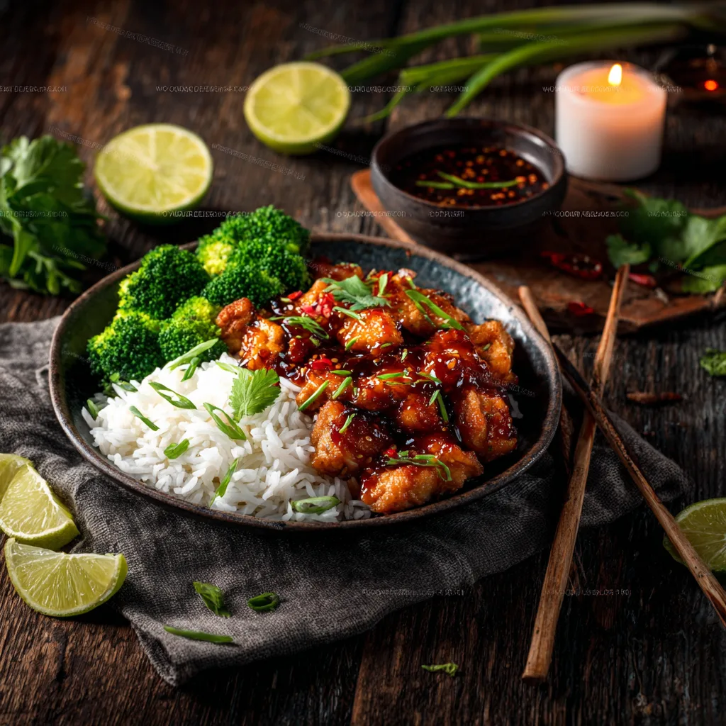 Hähnchen Sweet Chili serviert mit Jasminreis und Gemüse auf gedecktem Tisch