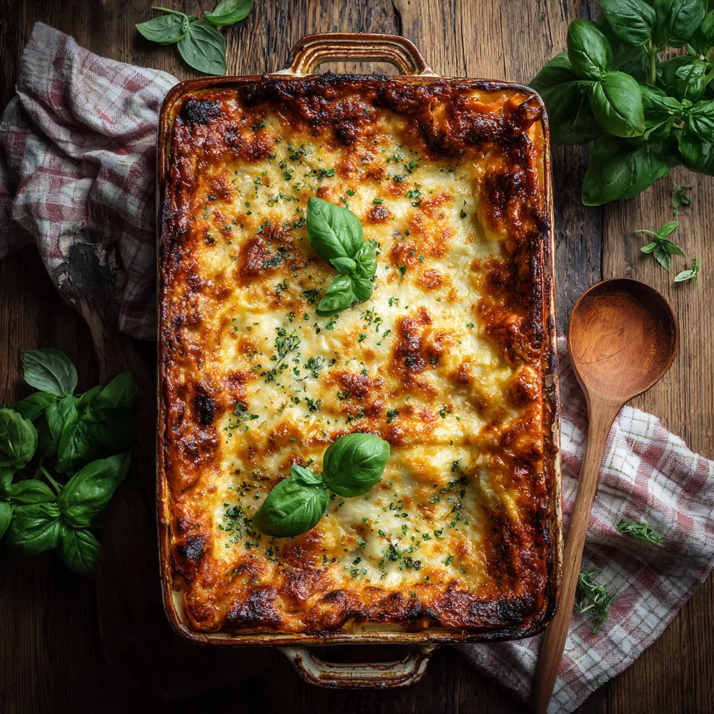 Vegetarische Lasagne mit goldbraun überbackenem Käse in Auflaufform, garniert mit frischem Basilikum