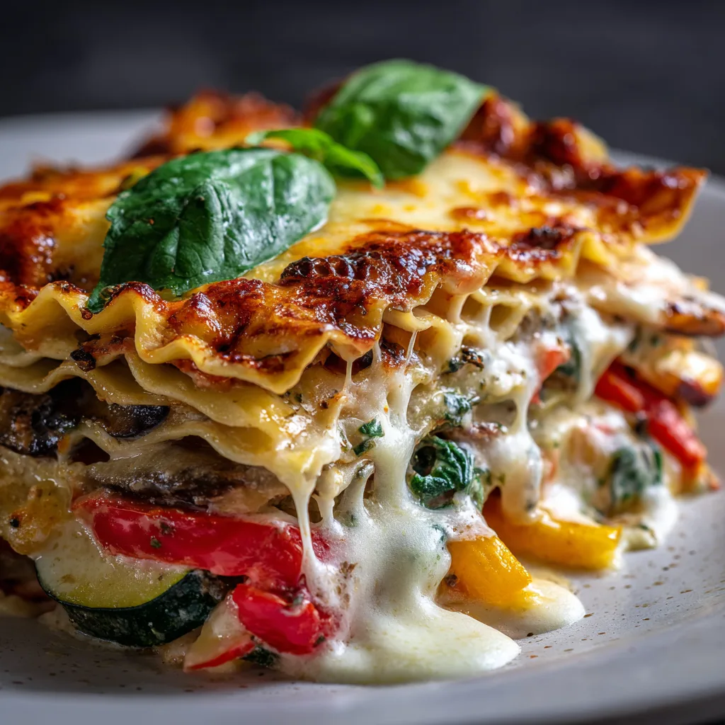 Nahaufnahme vegetarische Lasagne Schichten mit Gemüse, Käse und Béchamelsauce