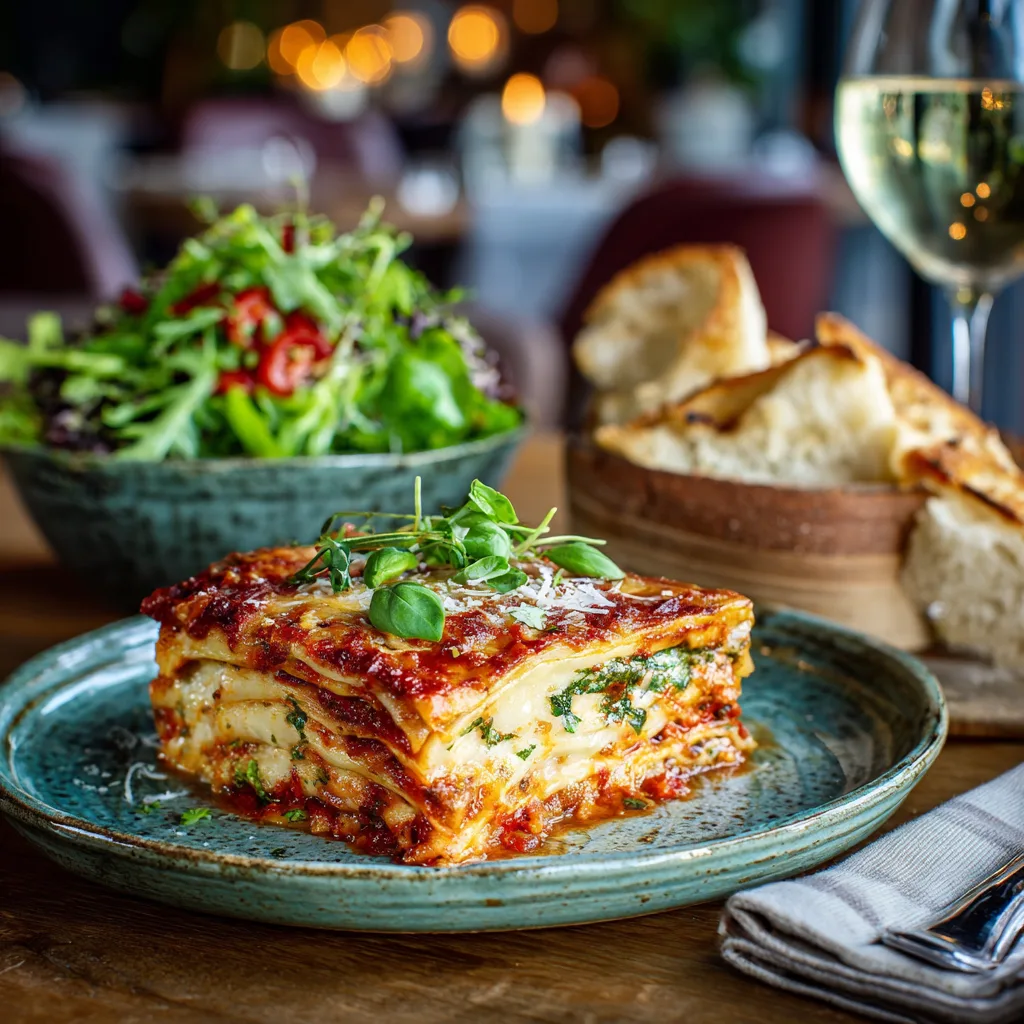 Servierte vegetarische Lasagne auf Teller mit frischem Salat und Knoblauchbrot als Beilage