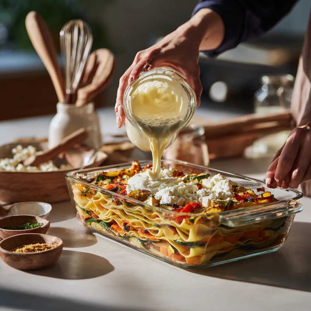 Hände schichten Zutaten für vegetarische Lasagne in Auflaufform mit frischem Gemüse