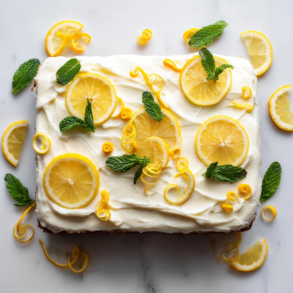 Zitronen Poke Kuchen von oben mit Frischkäse-Topping und Zitronendekoration