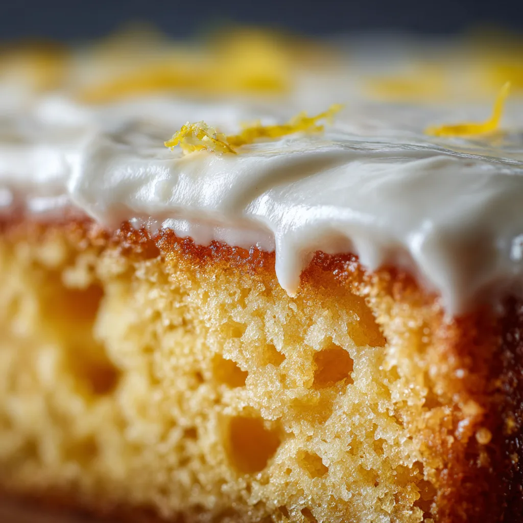 Nahaufnahme der saftigen Textur des Zitronen Poke Kuchens mit Zitronentränke