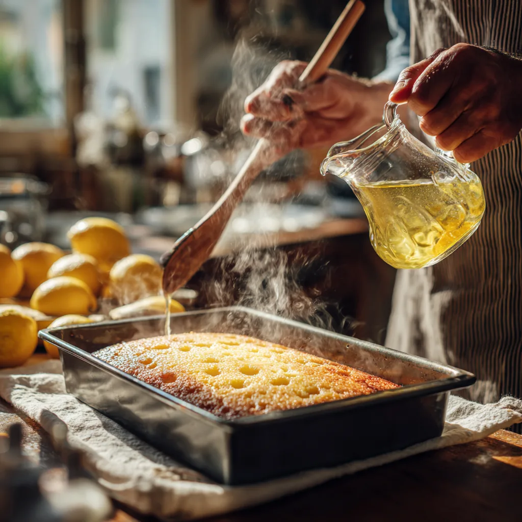 Zitronen Poke Kuchen Zubereitung – Löcher stechen und Zitronentränke eingiessen