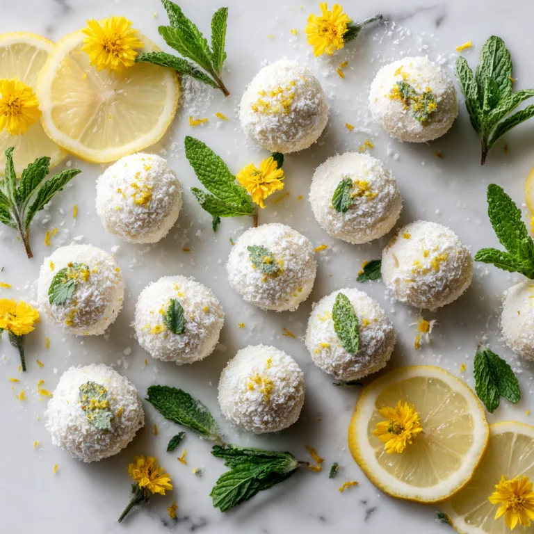 Zitronentrüffel Rezept – Draufsicht auf weiße Schokoladenpralinen mit Puderzucker und Zitronenschale