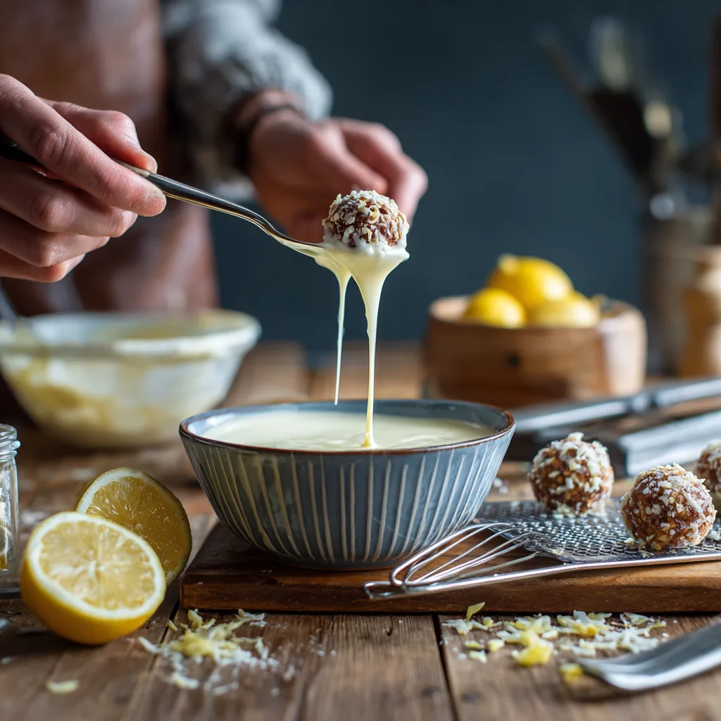Zitronentrüffel selber machen – Zubereitung mit Gabel und weißer Schokolade in der Küche