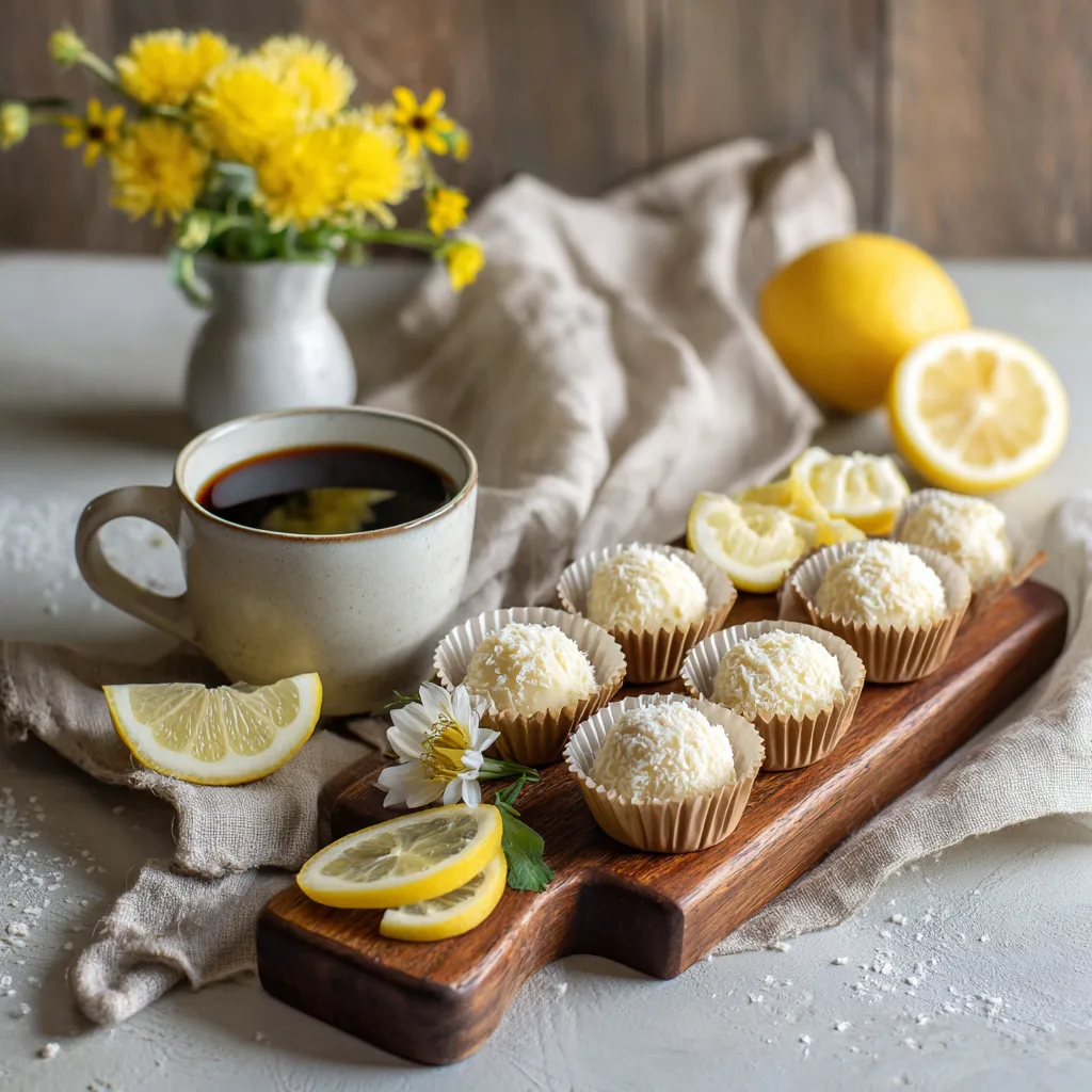 Zitronentrüffel servieren – Pralinen auf Holzbrett mit Espresso und Zitronendekoration