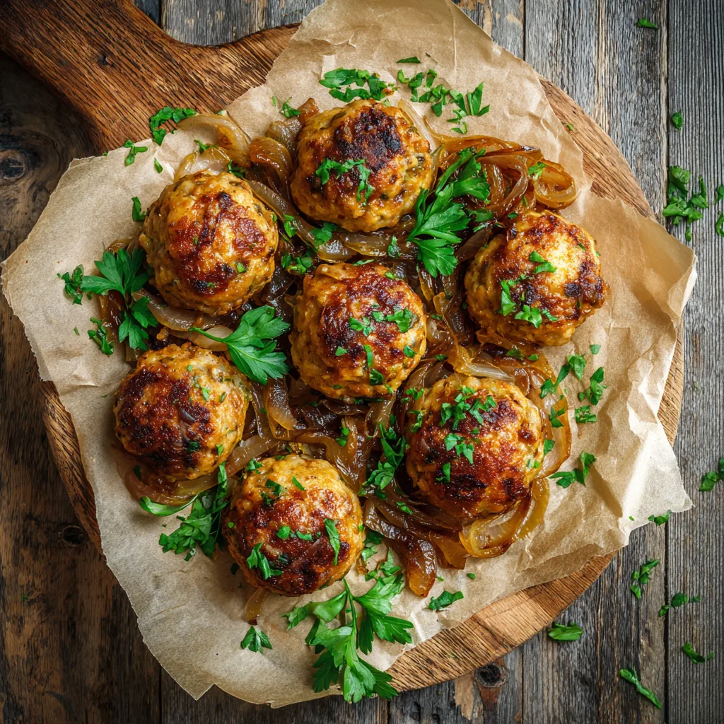 Zwiebelrost-Frikadellen mit karamellisierten Zwiebeln auf rustikalem Holzbrett