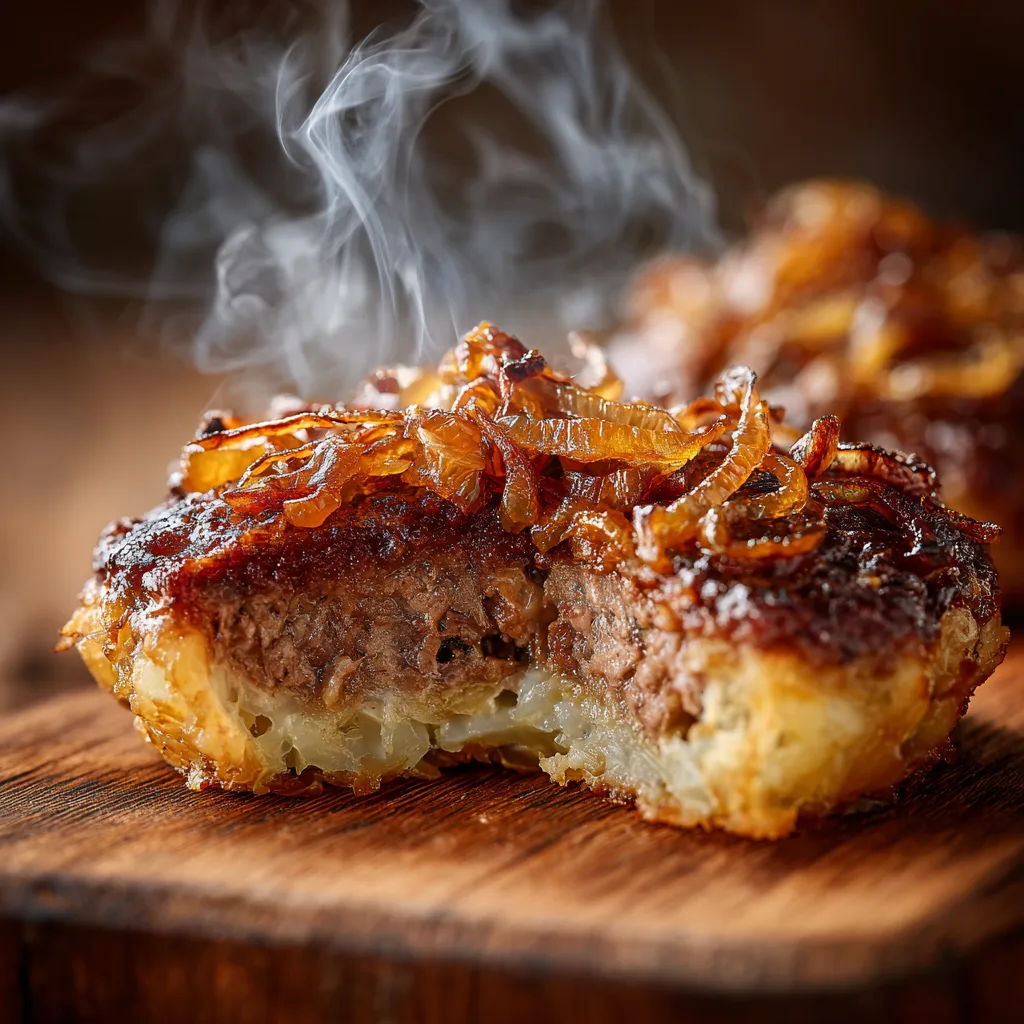 Zwiebelrost-Frikadelle angeschnitten zeigt saftiges Inneres mit Röstzwiebeln