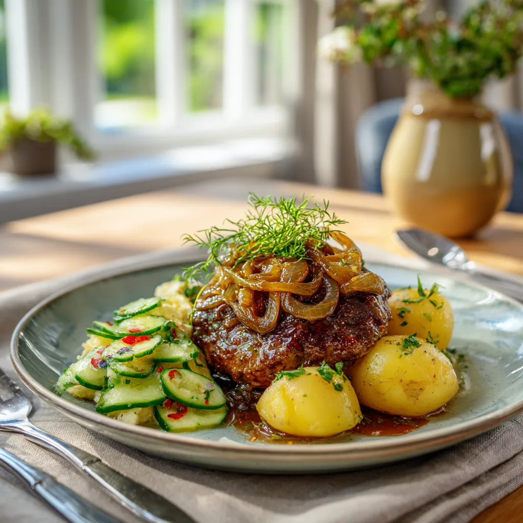 Zwiebelrost-Frikadellen serviert mit Kartoffelsalat und Gurkensalat auf Teller